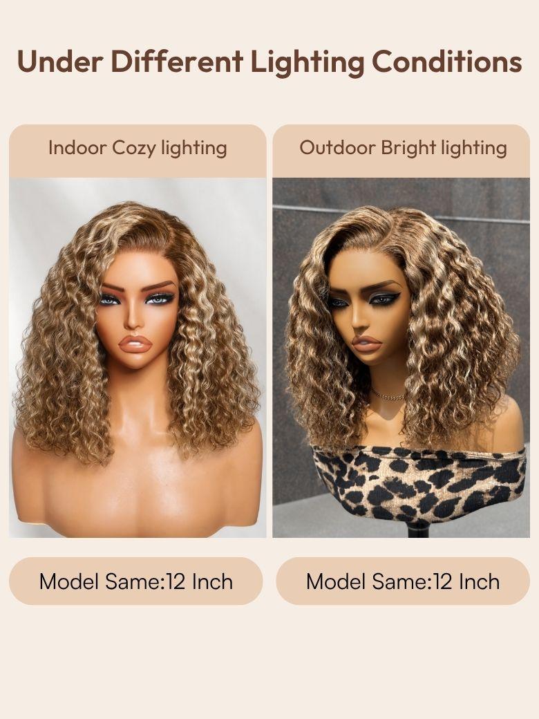 A model displays the UNice 7x5 Bye Bye Slip Pre-Cut Lace Glueless Invisible Drawstring Honey Blonde wig, showing a full wig with a long curly hairline and a full wig.