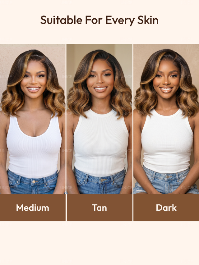 UNice 7x5 & 13x4 Pre-Everything™ Lace Frontal Brown With Honey Blonde Face-Framing Highlights Wavy Bob Glueless Drawstring Wig Secure Fit