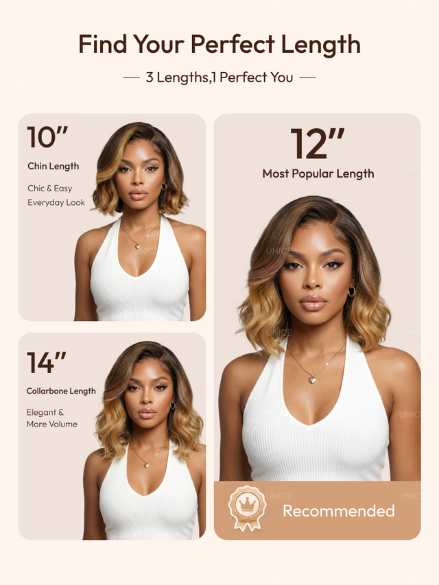 UNice 13x4 Pre-Everything™ Lace Frontal Brown With Honey Blonde Face-Framing Highlights Wavy Bob Glueless Drawstring Wig Workout Friendly Secure Fit