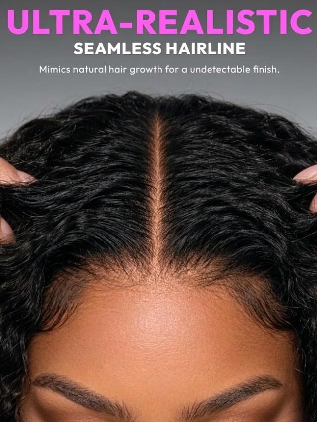 Close-up of glueless human hair wig featuring seamless hairline and realistic scalp appearance