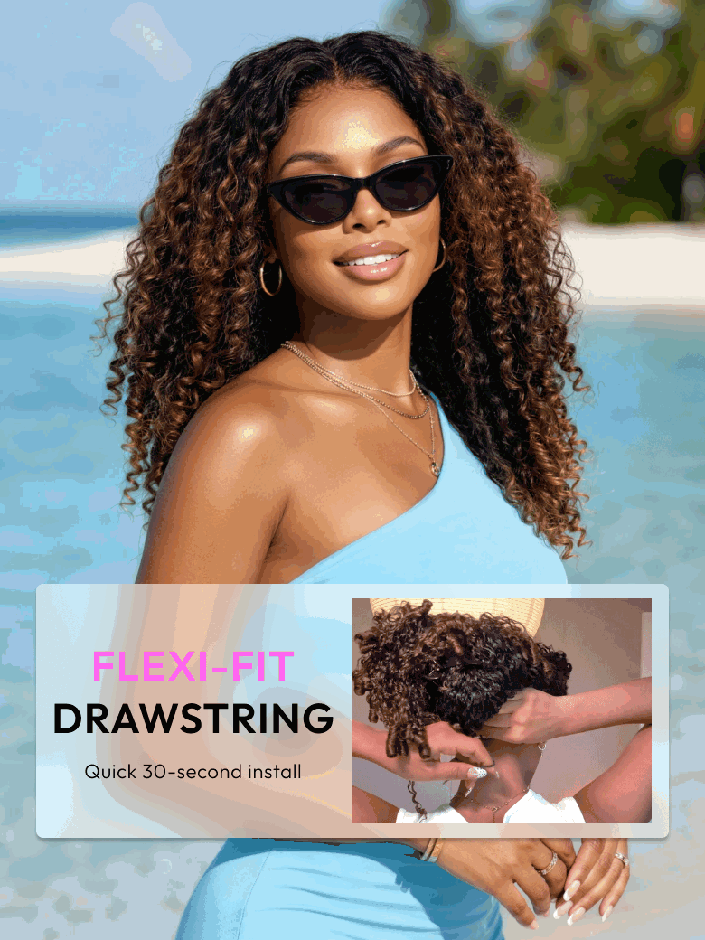 7x5 Bye Bye Slip™ Glueless Lace Black to Chestnut Brown Ombre Burmese Curly With Finger Coil Ends Wig-Put On & Go With Invisi Drawstring