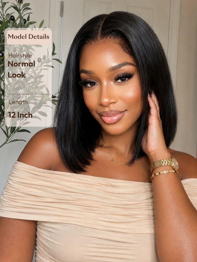 12-inch yaki straight black bob wig with a middle part, showcasing a natural normal look with styled baby hairs.