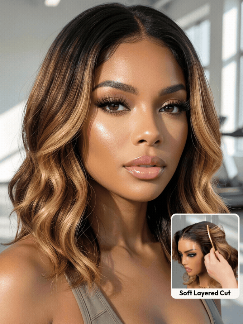 UNice 7x5 & 13x4 Pre-Everything™ Lace Frontal Brown With Honey Blonde Face-Framing Highlights Wavy Bob Glueless Drawstring Wig Secure Fit