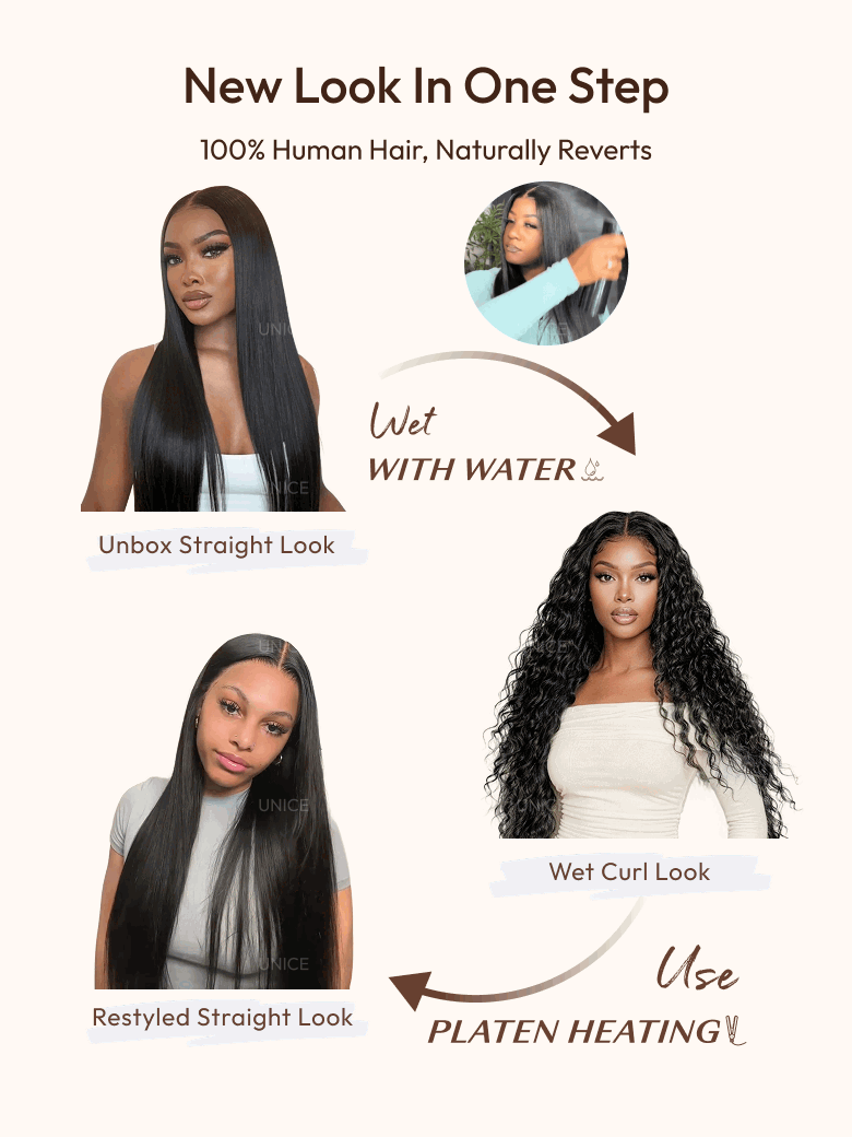 UNice wet and wavy glueless no slip wig: how to transition from unbox straight to wet curl look and restyle with heat.