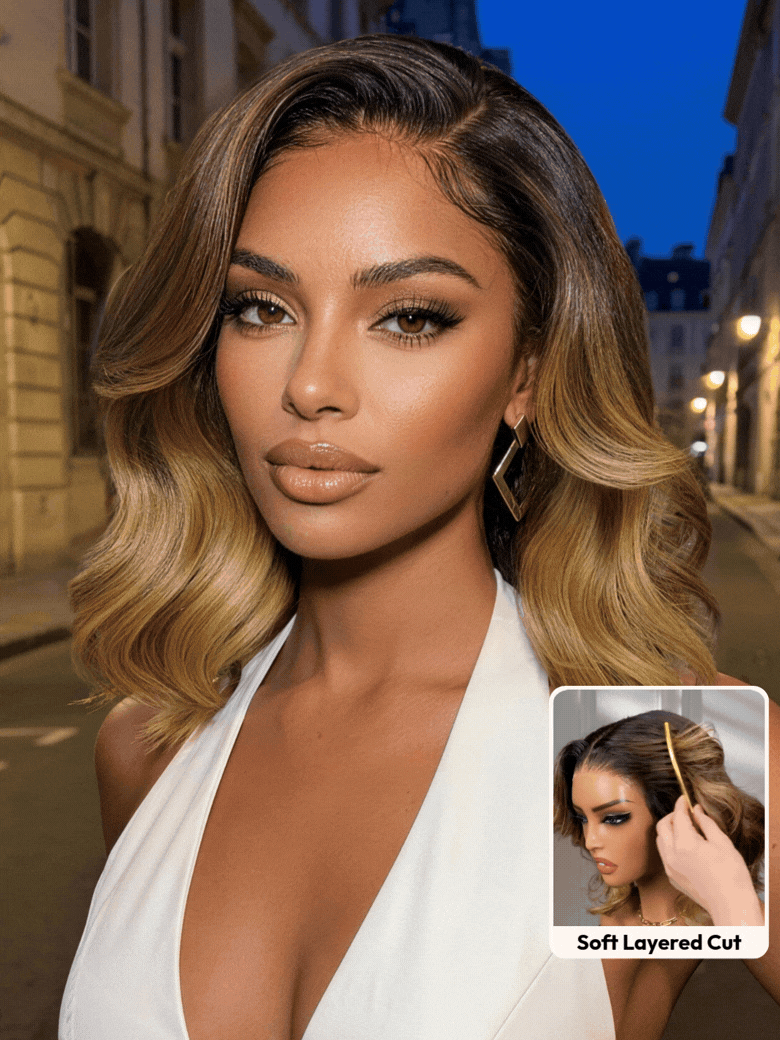 UNice 7x5 & 13x4 Pre-Everything™ Lace Frontal Brown With Honey Blonde Face-Framing Highlights Wavy Bob Glueless Drawstring Wig Secure Fit