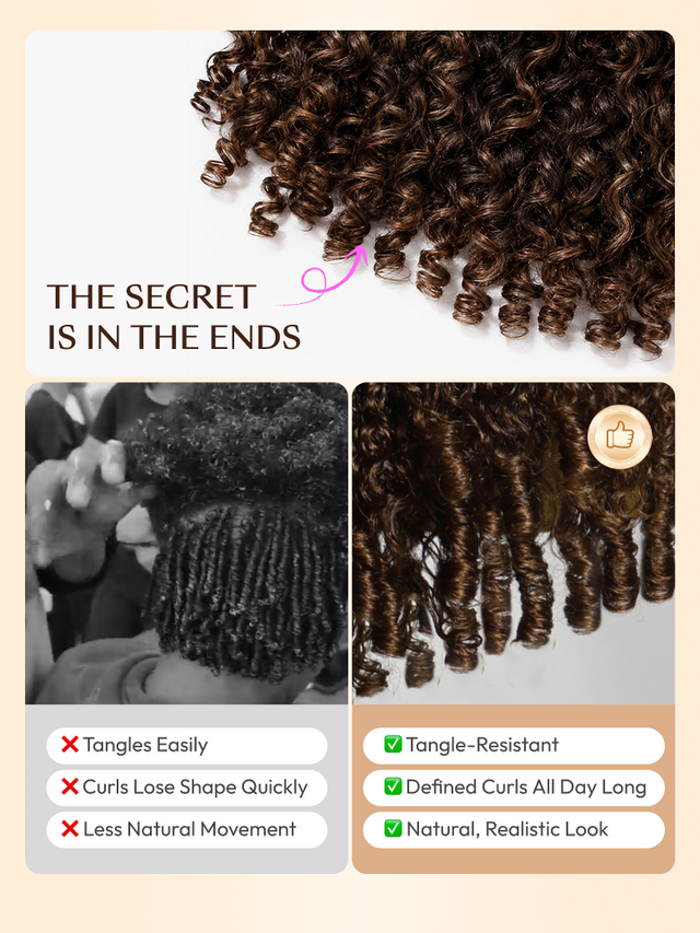 A comparison chart shows traditional salon curls on the left with drawbacks listed, and defined, shiny curly hair wig on the right with benefits such as home results, no cost, quick styling, and scalp protection.