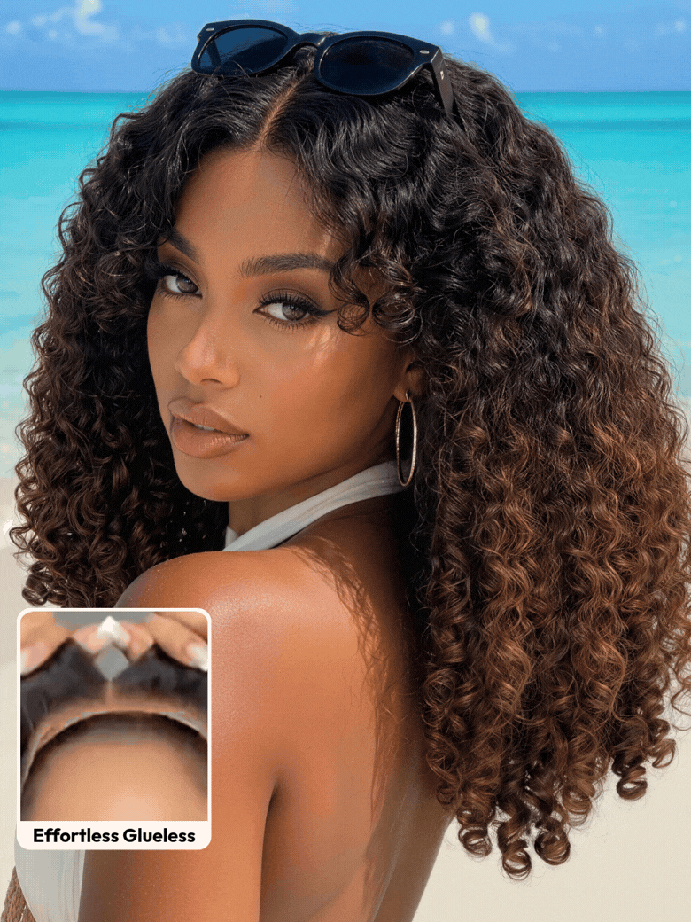 7x5 Bye Bye Slip™ Glueless Lace Black to Chestnut Brown Ombre Burmese Curly With Finger Coil Ends Wig-Put On & Go With Invisi Drawstring