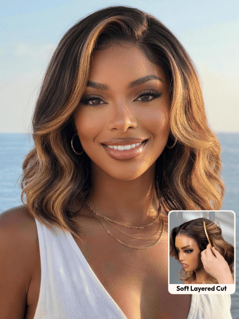 UNice 7x5 & 13x4 Pre-Everything™ Lace Frontal Brown With Honey Blonde Face-Framing Highlights Wavy Bob Glueless Drawstring Wig Secure Fit