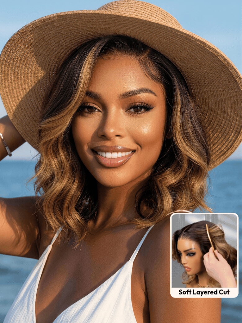 UNice 7x5 & 13x4 Pre-Everything™ Lace Frontal Brown With Honey Blonde Face-Framing Highlights Wavy Bob Glueless Drawstring Wig Secure Fit