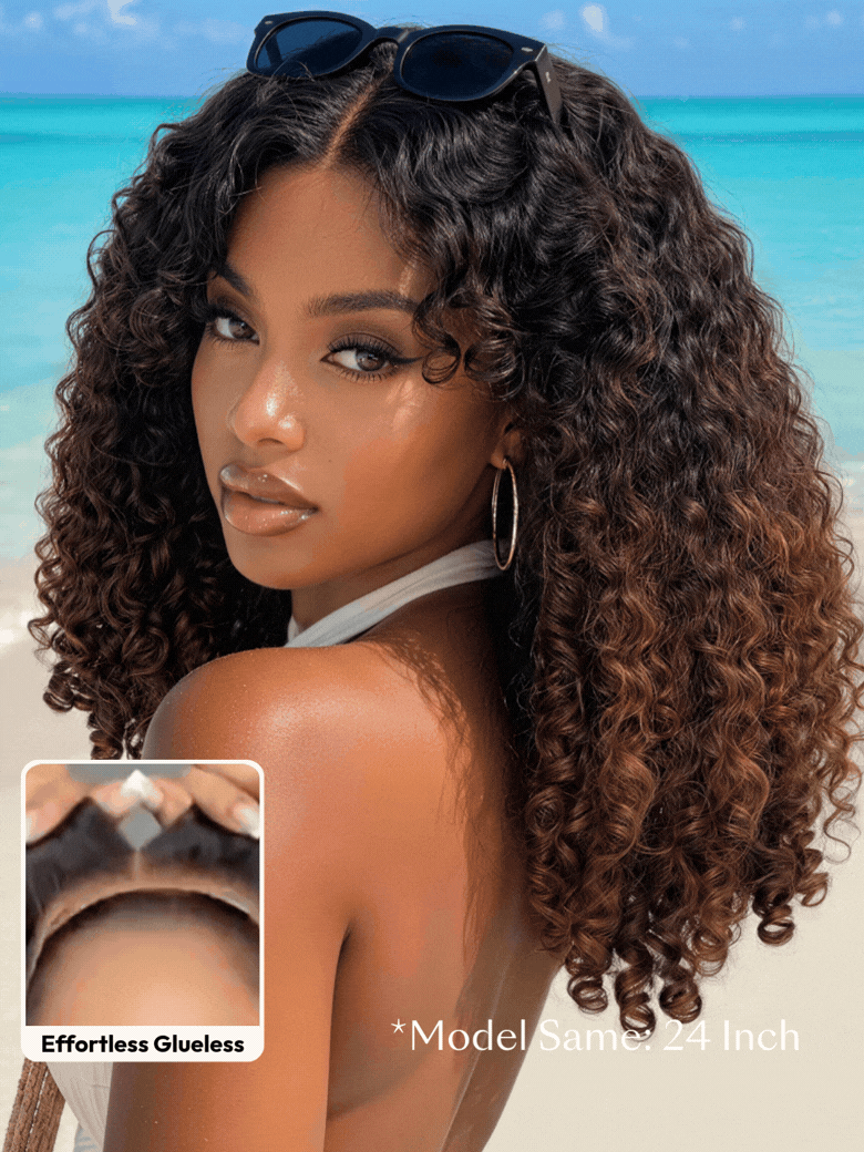7x5 Bye Bye Slip™ Glueless Lace Black to Chestnut Brown Ombre Burmese Curly With Finger Coil Ends Wig-Put On & Go With Invisi Drawstring