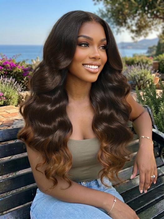 A model displays the UNice 13x4 Bye Bye Slip Lace Frontal Dark to Brown Ombre with Caramel Blonde Ends, showing a woman sitting on a bench with long hair and body wave.