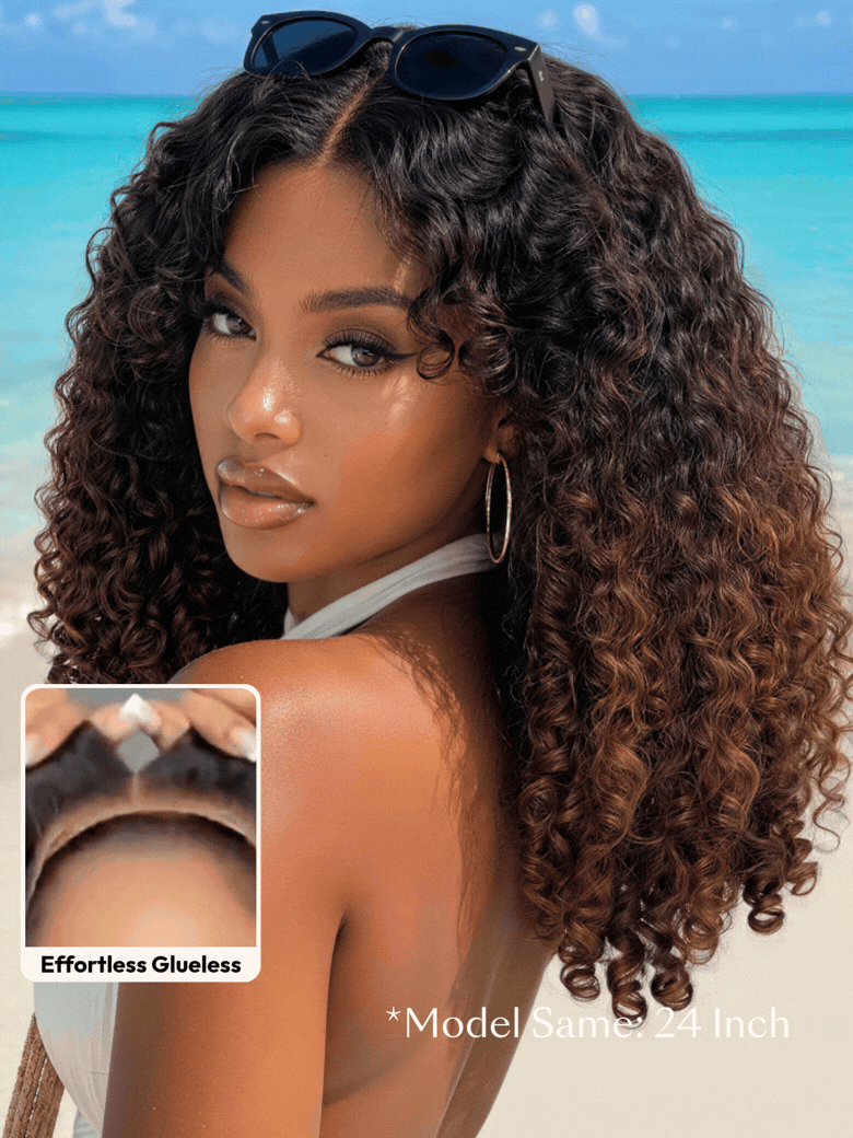 7x5 Bye Bye Slip™ Glueless Lace Black to Chestnut Brown Ombre Burmese Curly With Finger Coil Ends Wig-Put On & Go With Invisi Drawstring