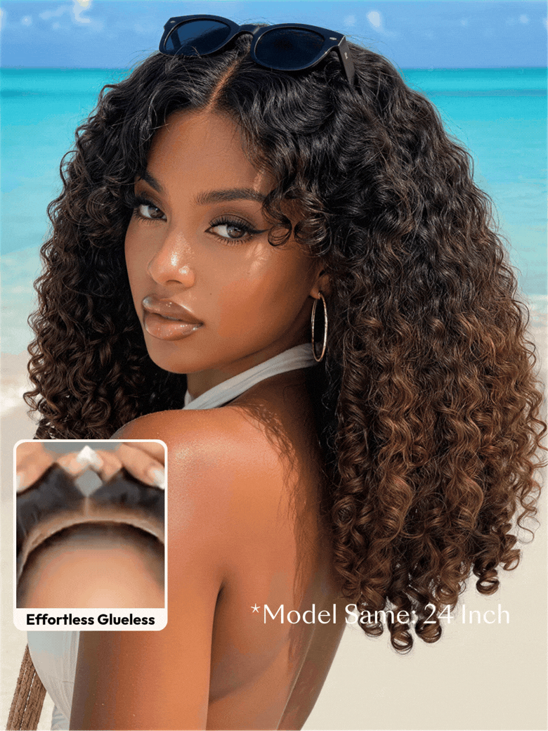 7x5 Bye Bye Slip™ Glueless Lace Black to Chestnut Brown Ombre Burmese Curly With Finger Coil Ends Wig-Put On & Go With Invisi Drawstring