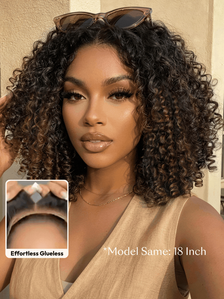 7x5 Bye Bye Slip™ Glueless Lace Black to Chestnut Brown Ombre Burmese Curly With Finger Coil Ends Wig-Put On & Go With Invisi Drawstring
