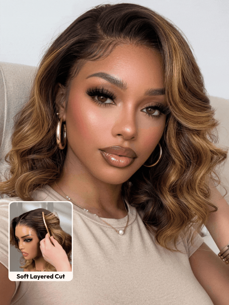 UNice 7x5 & 13x4 Pre-Everything™ Lace Frontal Brown With Honey Blonde Face-Framing Highlights Wavy Bob Glueless Drawstring Wig Secure Fit