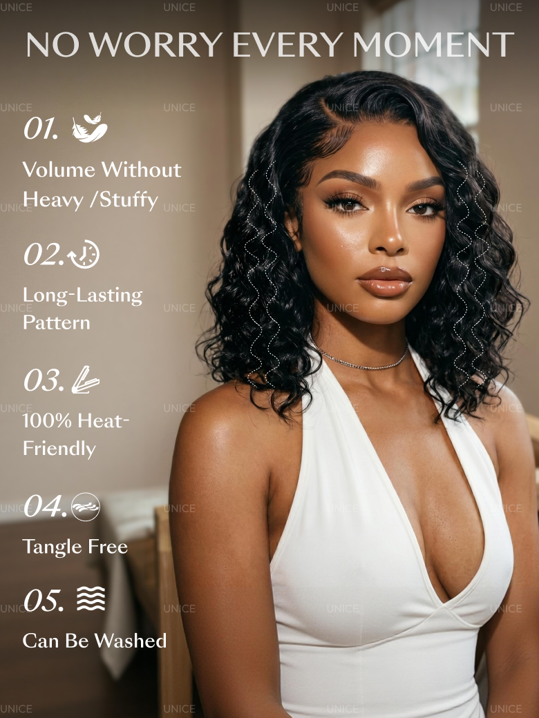 UNice black wavy bob human hair wig with a pre-cut 6x4 lace closure for an easy, seamless glueless install.