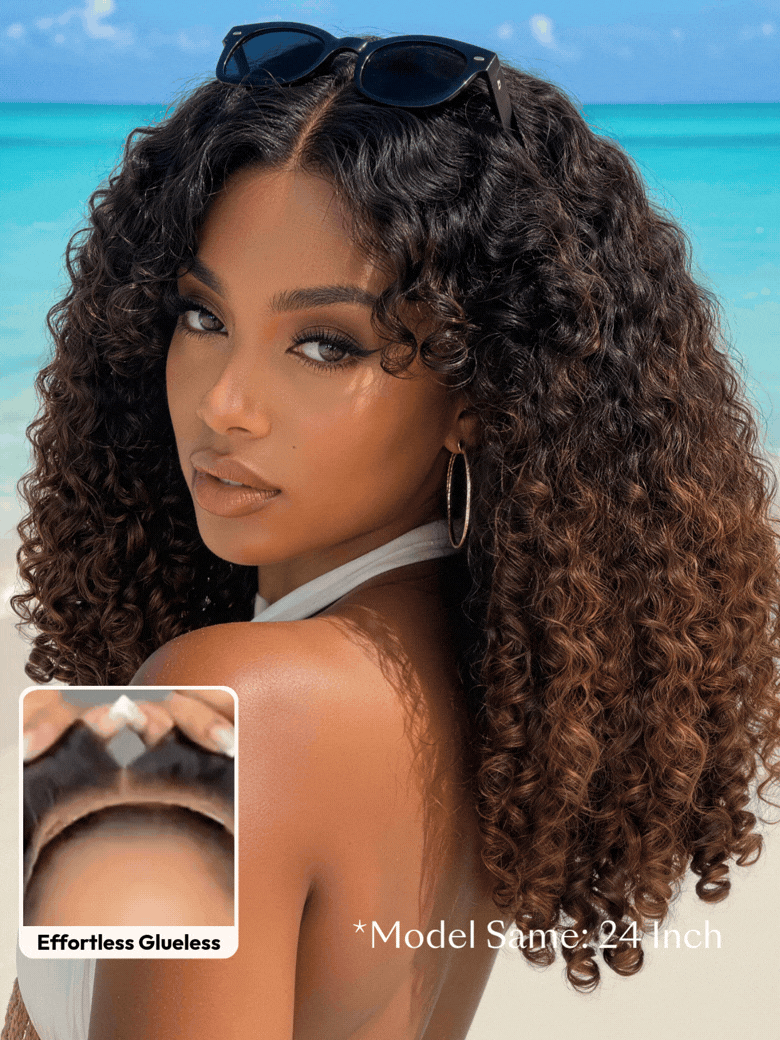 7x5 Bye Bye Slip™ Glueless Lace Black to Chestnut Brown Ombre Burmese Curly With Finger Coil Ends Wig-Put On & Go With Invisi Drawstring