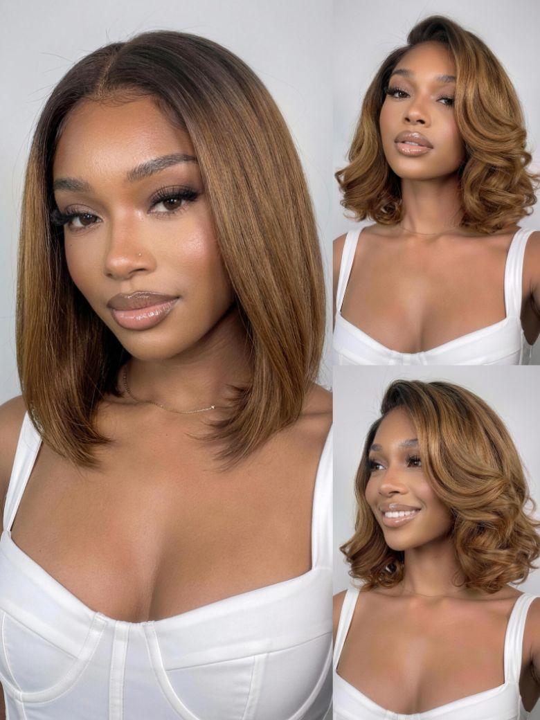 UNice 7x5 Bye Bye Slip & 13x4 Pre-Everything Lace Black to Chestnut Brown Ombre Yaki Straight Wig With Invisi Drawstring
