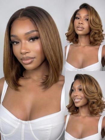 UNice 7x5 Bye Bye Slip & 13x4 Pre-Everything Lace Black to Chestnut Brown Ombre Yaki Straight Wig With Invisi Drawstring
