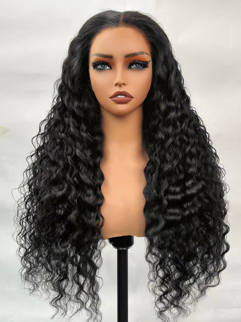 Long black hair wig with half-wavy and half-straight texture for UNice, featuring a natural middle part and transparent lace.
