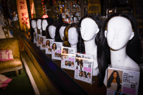 unice bye bye slip wig displayed in the event