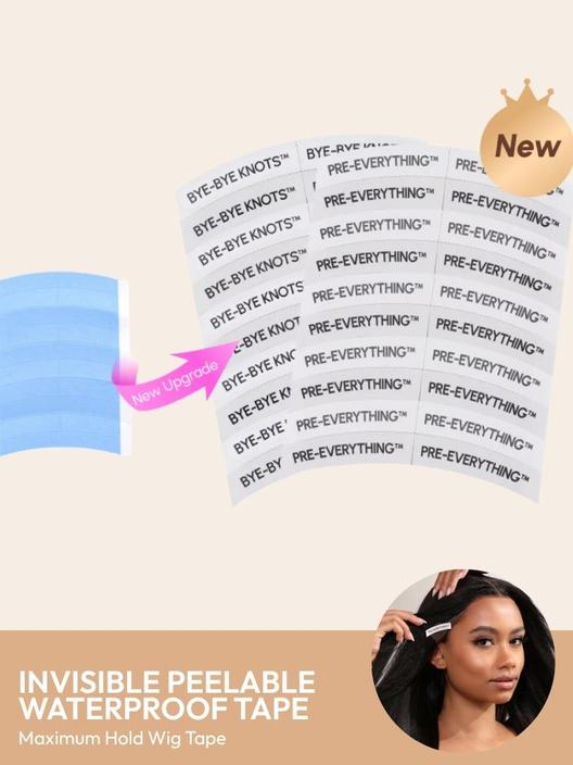 The UNice Invisible Peelable Water Proof Tape For Lace wig image highlights New, BYE-RVE, PRE-EVERYTHINGT, PRE-L, invisible waterproof face mask and lace finish.