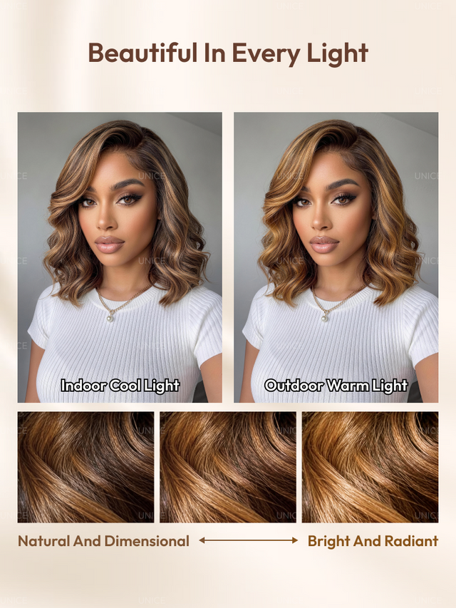 UNice 7x5 & 13x4 Pre-Everything™ Lace Frontal Brown With Honey Blonde Face-Framing Highlights Wavy Bob Glueless Drawstring Wig Secure Fit