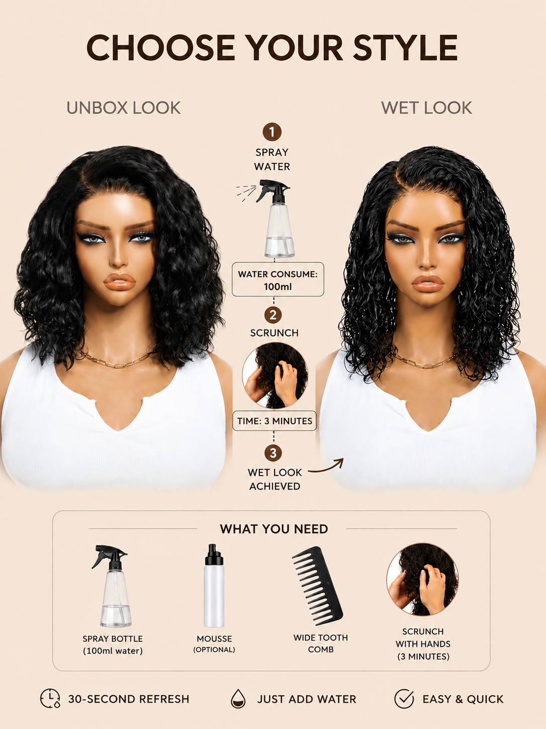 UNice black wavy bob wig featuring a long-lasting curl pattern, quality human hair, and tangle-free maintenance.