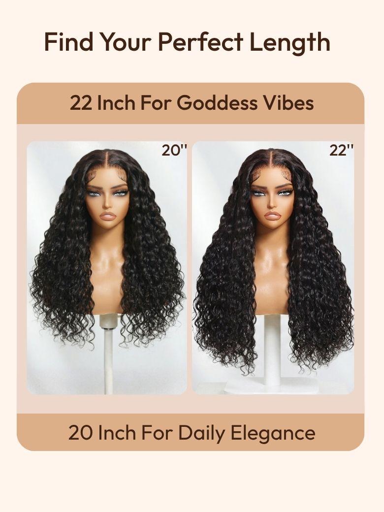 Infographic titled "Find Your Perfect Length" showing a 20-inch and 22-inch curly water wave wig side-by-side for visual length comparison.