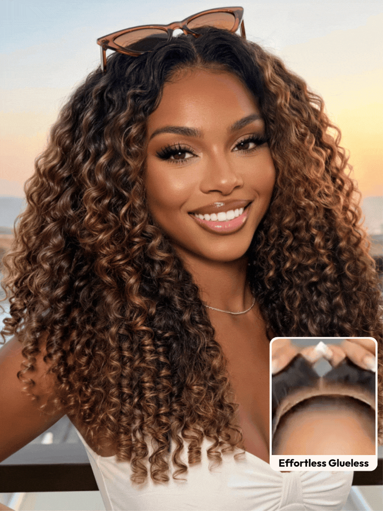 7x5 Bye Bye Slip™ Glueless Lace Black to Chestnut Brown Ombre Burmese Curly With Finger Coil Ends Wig-Vacation Ready With Invisi Drawstring