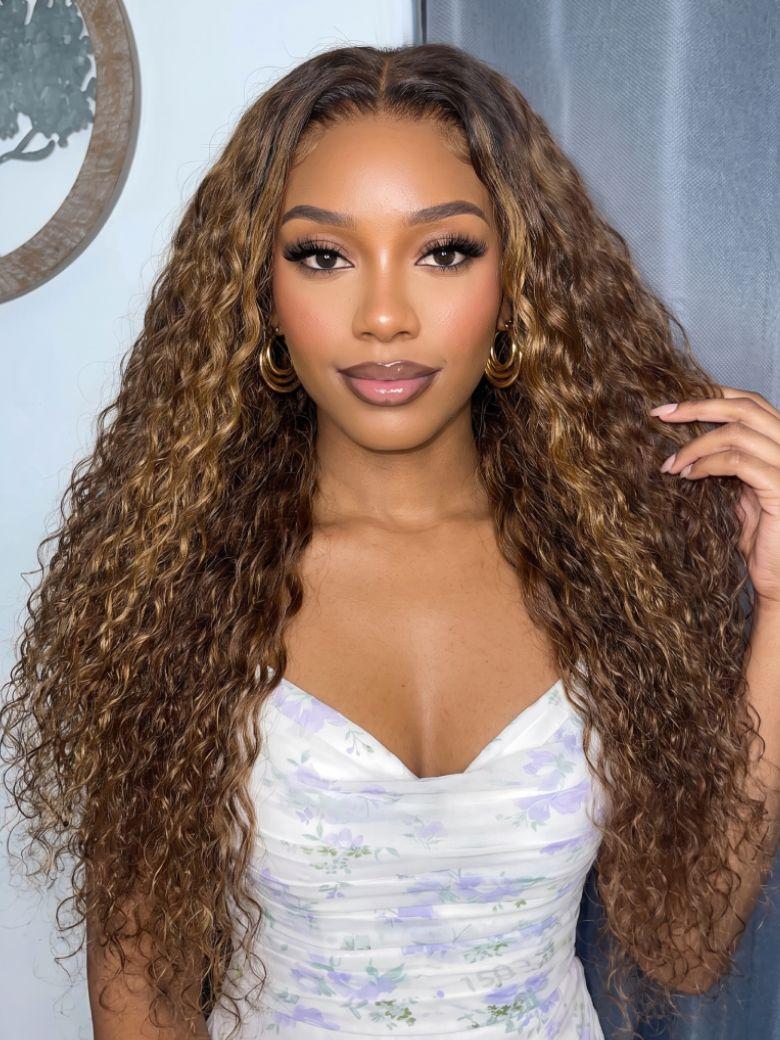 UNice 7x5 Bye Bye Slip™ Lace Brown With Honey Blonde Face-Framing Highlights Water Wave Drawstring Wig