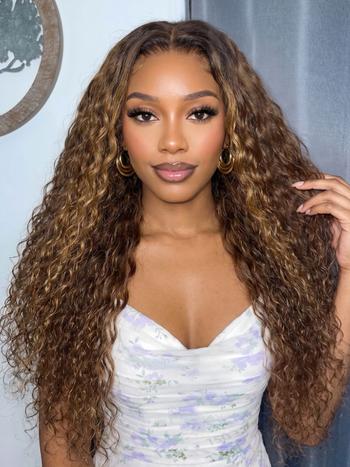UNice 7x5 Bye Bye Slip™ Lace Brown With Honey Blonde Face-Framing Highlights Water Wave Drawstring Wig