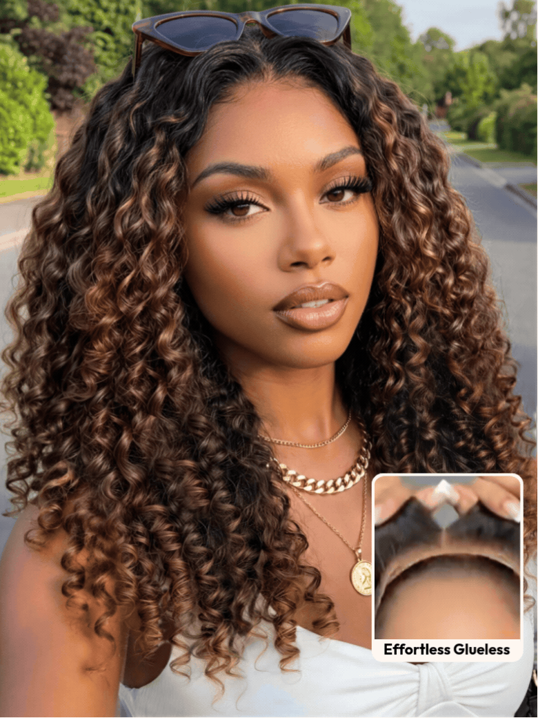 7x5 Bye Bye Slip™ Glueless Lace Black to Chestnut Brown Ombre Burmese Curly With Finger Coil Ends Wig-Vacation Ready With Invisi Drawstring