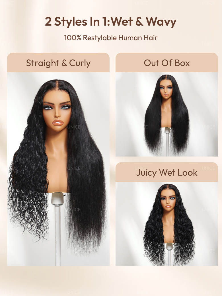 UNice 2-in-1 wet and wavy human hair bye bye slip wig: comparison of straight out of box and juicy wet look styles.