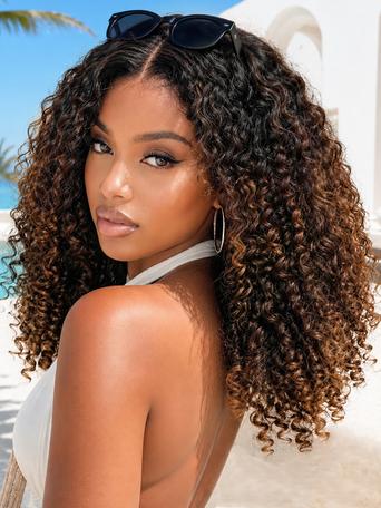 7x5 Bye Bye Slip™ Glueless Lace Black to Chestnut Brown Ombre Burmese Curly With Finger Coil Ends Wig-Vacation Ready With Invisi Drawstring