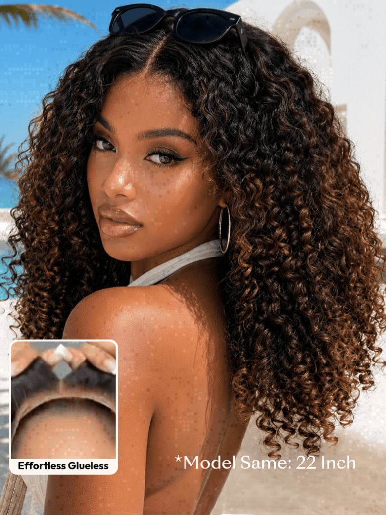 7x5 Bye Bye Slip™ Glueless Lace Black to Chestnut Brown Ombre Burmese Curly With Finger Coil Ends Wig-Vacation Ready With Invisi Drawstring