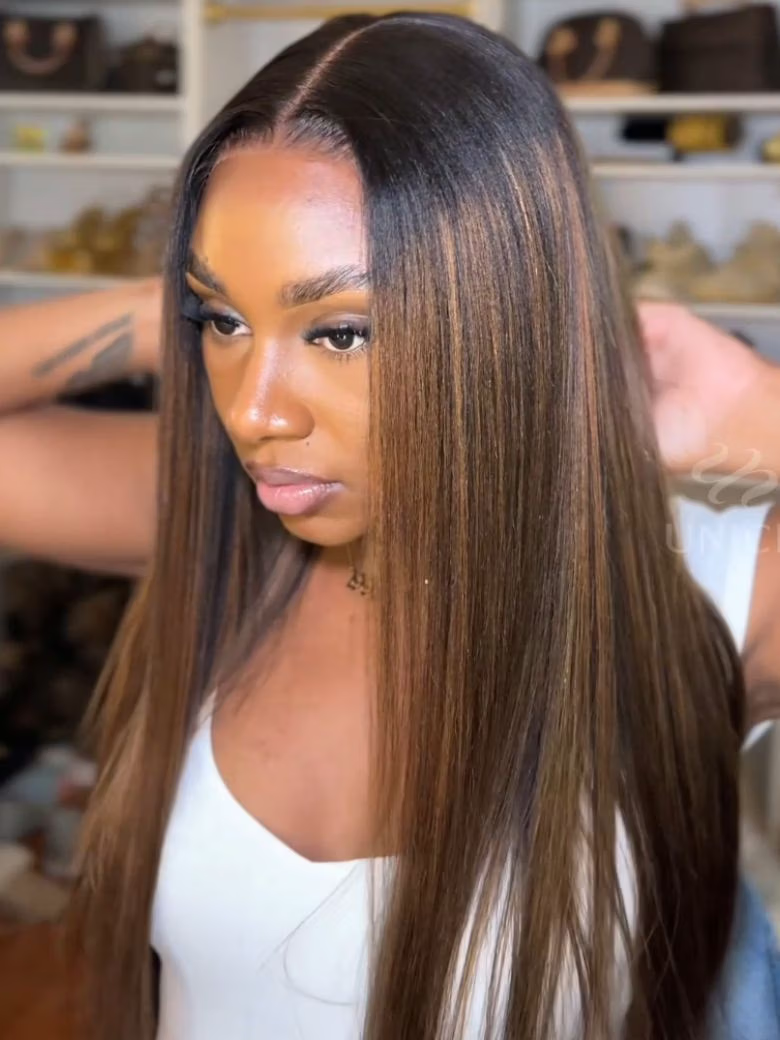 [20"=$115] 13x4 Pre-Everything Lace Frontal Yaki Straight Balayage Highlights Drawstring Wig
