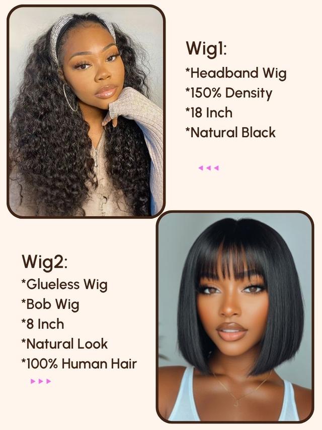 $99=2 Wigs | 16" Lace Part Kinky Curly Wig and 10" Bob Wig with Bang