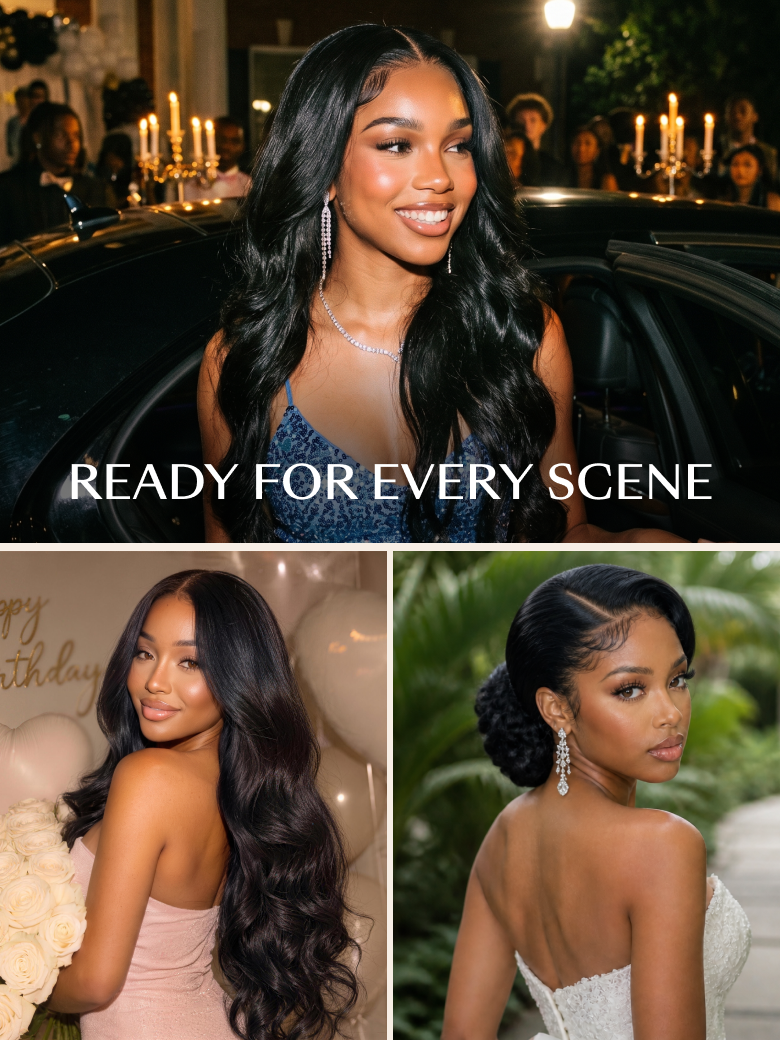 Long body wave black glueless wig styled for prom, birthday, and formal night scenes on a smiling model.