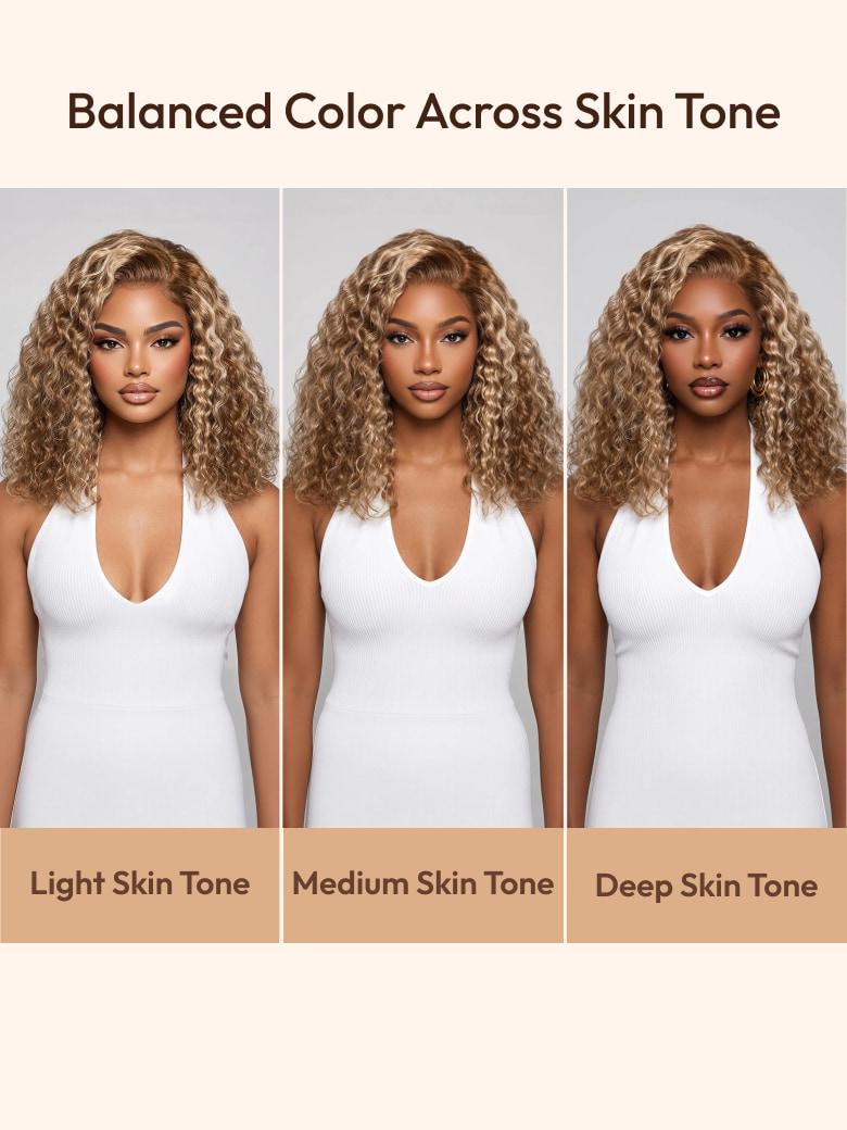 A model displays the UNice 7x5 Bye Bye Slip Pre-Cut Lace Glueless Invisible Drawstring Honey Blonde wig, showing a model with blonde hair and a white tank top and curly.