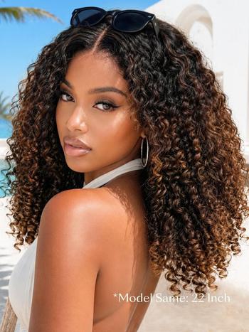 7x5 Bye Bye Slip™ Glueless Lace Black to Chestnut Brown Ombre Burmese Curly With Finger Coil Ends Wig-Vacation Ready With Invisi Drawstring