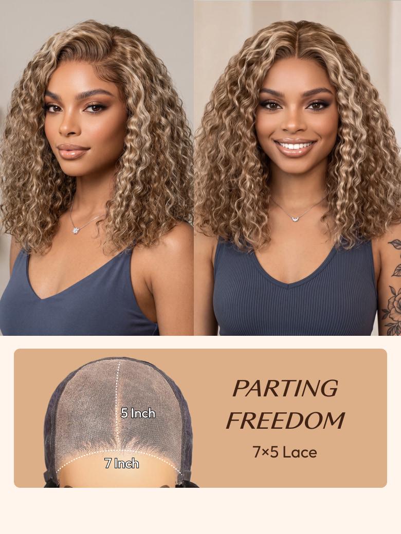 A model displays the UNice 7x5 Bye Bye Slip Pre-Cut Lace Glueless Invisible Drawstring Honey Blonde wig, showing a model with long curly hair and a full wig and curly.