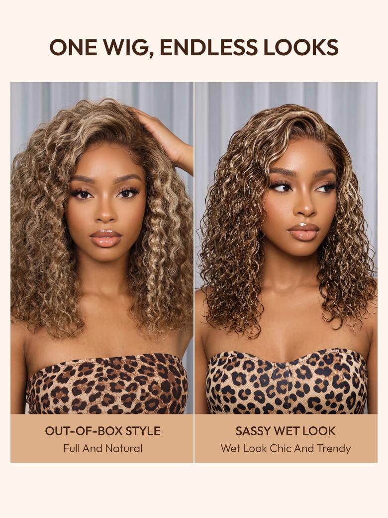 A model displays the UNice 7x5 Bye Bye Slip Pre-Cut Lace Glueless Invisible Drawstring Honey Blonde wig, showing one wigs for curly hair and curly texture, honey blonde.