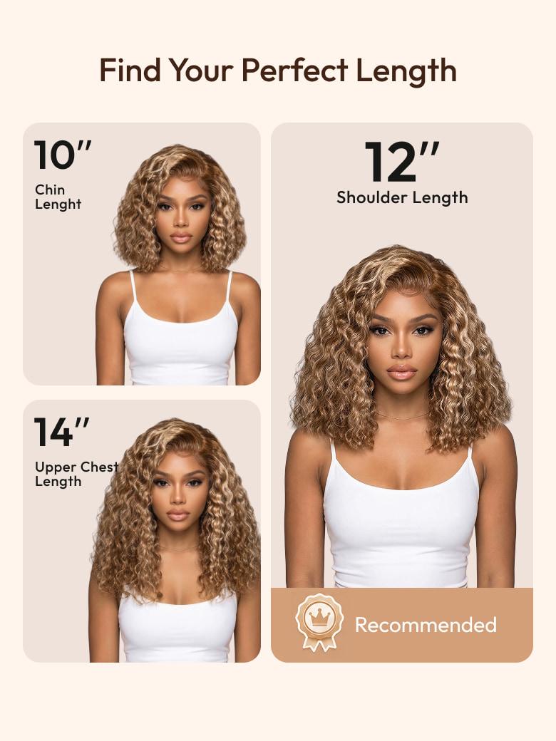 The UNice 7x5 Bye Bye Slip Pre-Cut Lace Glueless Invisible Drawstring Honey Blonde wig visual image position 11 shows a model with curly hair and a white tank top |.