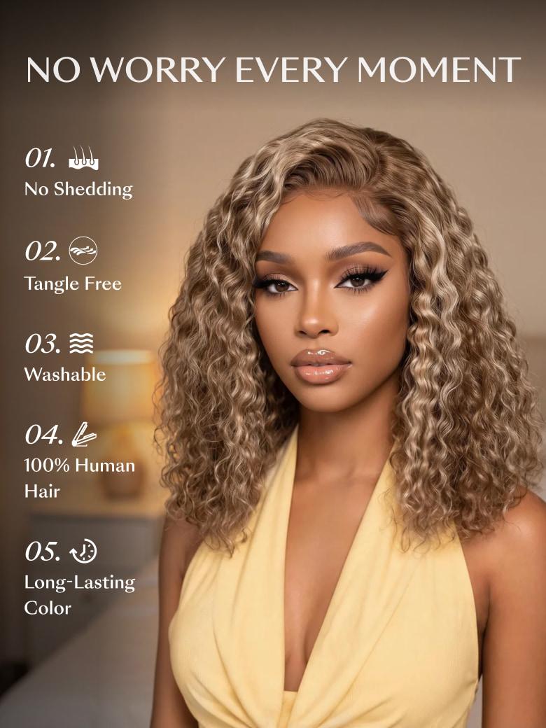 A model displays the UNice 7x5 Bye Bye Slip Pre-Cut Lace Glueless Invisible Drawstring Honey Blonde wig, showing a model with long curly hair and a yellow dress.