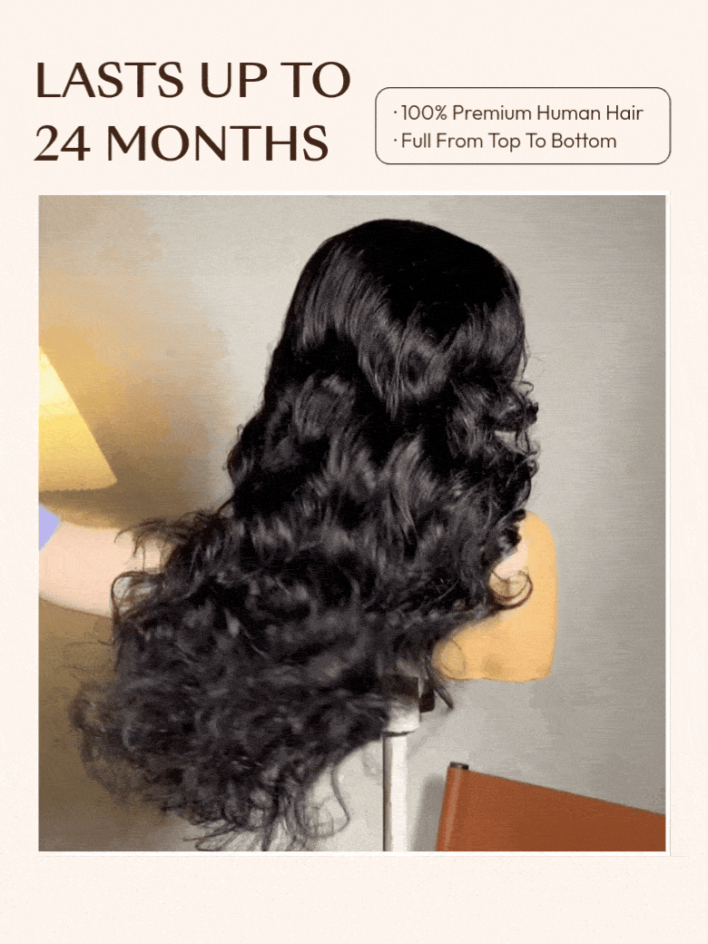 A model displays the UNice 7x5 & 13x4 Bye Bye Slip Pull & Go Black Fluffy Loose Wave Wispy Bangs Glueless, showing a model with long black hair and loose wave texture.
