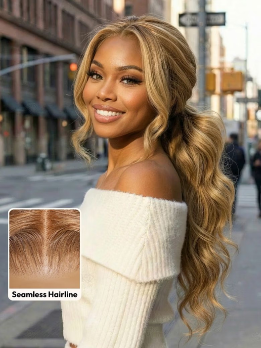The UNice With Drawstring 22" 7x5 Pre-Cut Honey Blonde Glueless Wig & 6x4.5 Pre Cut Lace visual image position 2 shows a model with long blonde hair and a white sweater.