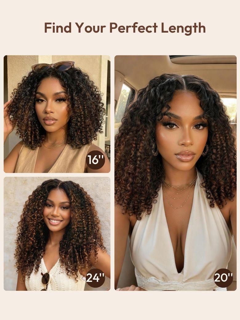 7x5 Bye Bye Slip™ Glueless Lace Black to Chestnut Brown Ombre Burmese Curly With Finger Coil Ends Wig-Put On & Go With Invisi Drawstring
