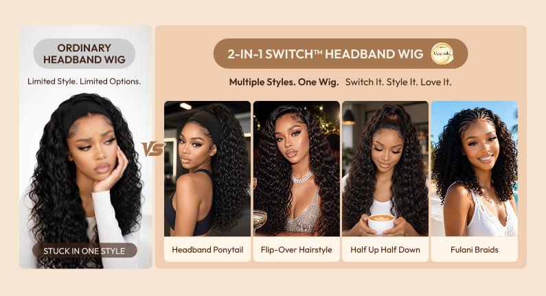 Versatile 2-in-1 headband wig styled in ponytail, half-up, and braids versus a limited ordinary wig