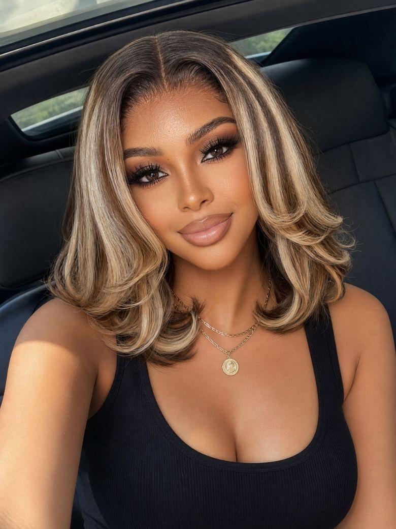 UNice Bye Bye Slip™ 7x5 Lace Warm Brown with Beige Blonde Ribbon Highlights Layered Bob Wig With Dark Roots